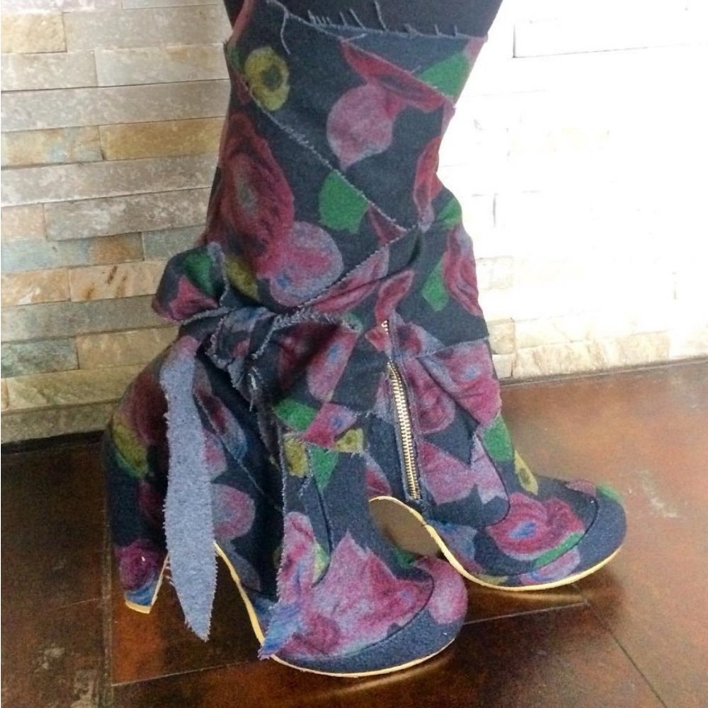 Irregular Choice Floral Heeled Boots - Blue and Purple